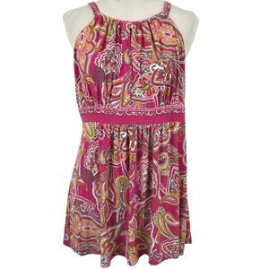 INC Women Sleeveless Babydoll Top Y2k Fairy Boho Rhinestone Pink Paisley Large